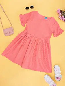 YU by Pantaloons Girls Self Design Round Neck Bell Sleeves Cotton Fit & Flare Dress