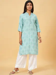 RANGMANCH BY PANTALOONS Geometric Printed Band Collar Straight Kurta