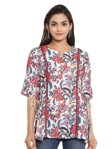 KALINI Floral Print Cotton Notched Neck Short Sleeves Opaque Casual Top