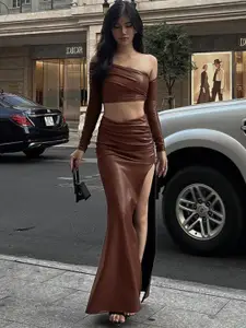 KPOP Brown Thigh-Slit A-Line Maxi Skirt