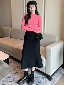 KPOP Casual Black Solid Midi A-Line Skirt