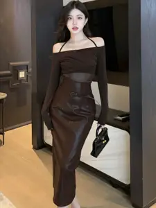 KPOP Brown Straight Maxi Skirt