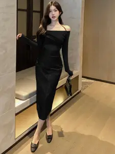 KPOP Black Straight Maxi Slip-On Skirt