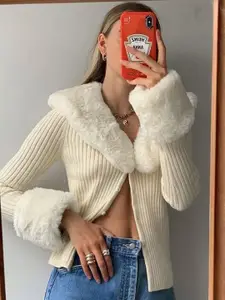 KPOP Cream Coloured Self Designed Lapel Collar Front Open Sweater