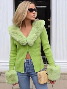 KPOP Green Self Designed Lapel Collar Front Open Sweater