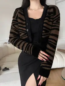 KPOP Brown & Black Animal Printed Front-Open Sweater