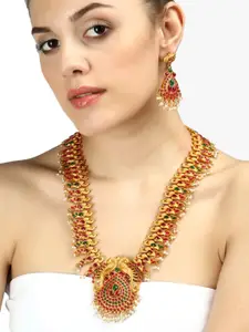 Anouk 24KT Gold-Plated Stones-Studded & Beaded  Necklace and Earrings Set