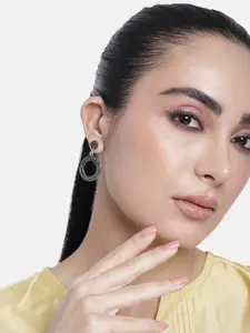 Estele Rhodium-Plated Oxidised Circular Drop Earrings