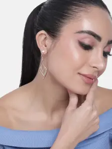 Estele Rose-Gold Plated Crystals-Studded Leaf Shaped Drop Earrings