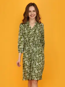 V-Mart Floral Printed Mandarin Collar Puff Sleeves A-Line Dress