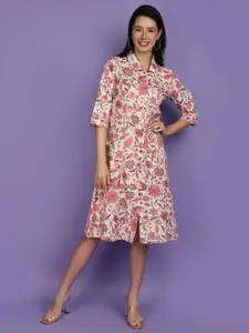 V-Mart Floral Printed Shirt Collar Shirt Midi Dress