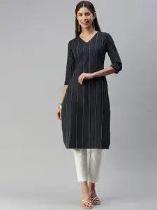 Shaily Saanjh V Neck Striped Woven Design Cotton Jacquard Straight Kurta
