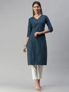 Shaily Saanjh V Neck Striped Woven Design Cotton Jacquard Straight Kurta