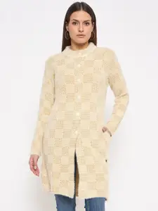 Duke Geometric Self Design Mock Collar Acrylic Longline Cardigan Sweater