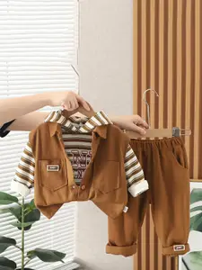 INCLUD Boys Striped Pure Cotton Sweatshirt with Sleeveless Jacket & Trousers