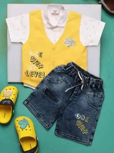 V-Mart Boys Printed Pure Cotton Shirt with Shorts & Waistcoat