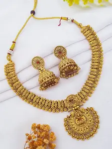 GRIIHAM Gold-Plated AD-Studded Lakshmi Necklace and Earrings Set