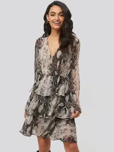 Mitera Animal Printed V Neck Georgette Fit And Flare Dress