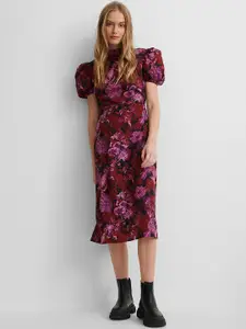 Mitera Floral Printed Puff Sleeves Georgette Sheath Midi Dress
