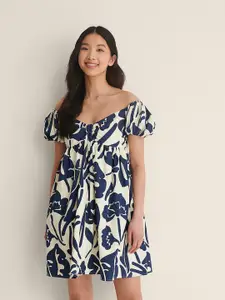 Mitera Tropical Print Off-Shoulder Cotton A-Line Dress