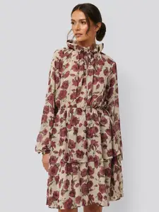 Mitera Floral Printed High Neck Fit and Flare Dress