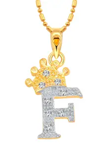 Vighnaharta Unisex Gold-Plated Cubic Zirconia Studded Crown F Letter Pendant With Chain