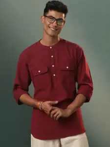 VASTRAMAY Band Collar Cotton Straight Short Kurta