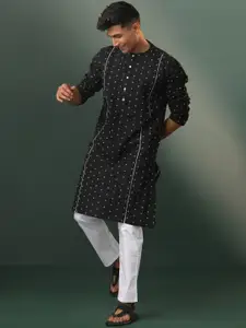 VASTRAMAY Floral Woven Design Band Collar Straight Kurta With Pyjama