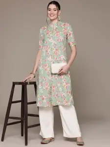 Readiprint Floral Printed Mandarin Collar Roll-Up Sleeves Pure Cotton Kurta