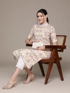 Readiprint Tribal Printed Mandarin Collar Roll-Up Sleeves Pure Cotton Kurta