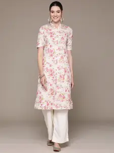 Readiprint Floral Printed Mandarin Collar Roll-Up Sleeves Pure Cotton Kurta