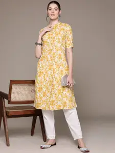 Readiprint Floral Printed Mandarin Collar Roll-Up Sleeves Pure Cotton Kurta