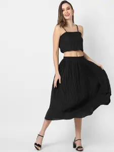 Campus Sutra Pleated Crop Top With Skirt Co-Ords