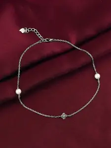 GIVA Rhodium-Plated 925 Sterling Silver Pearls Beaded Anklets