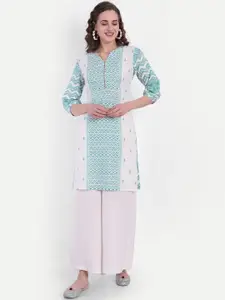 SUTI Geometric Embroidered Thread Work Cotton Notched Neck Panelled Straight Kurta