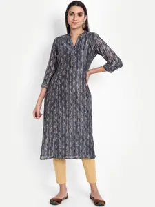 SUTI Ethnic Motifs Printed Mandarin Collar Cotton Sequinned A-Line Kurta
