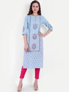 SUTI Floral Printed Round Neck Three-Quarter Sleeves Cotton Straight Kurta