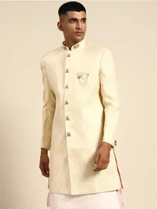KISAH Men Ethnic Motifs Woven Design Mandarin Collar Indowestern Sherwani