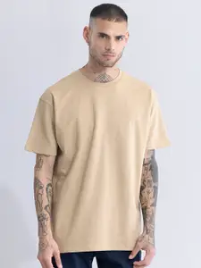 Snitch Beige Drop Shoulder Sleeves Cotton Oversized Casual T-shirt