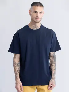 Snitch Navy Blue Drop Shoulder Sleeves Cotton Oversized Casual T-shirt