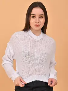 NoBarr Open Knit Self Design High Neck Crop Pullover Sweater