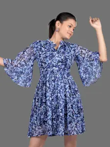 mrutbaa Floral Print Flared Sleeve Chiffon Fit & Flare Dress