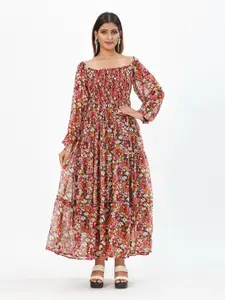 mrutbaa Floral Print Puff Sleeve Chiffon Maxi Dress