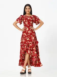 mrutbaa Floral Print Flared Sleeve Crepe Fit & Flare Maxi Dress
