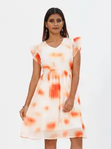 mrutbaa Tie and Dye Dyed Flutter Sleeve Crepe Fit & Flare Dress