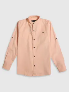 CAVIO Boys Standard Fit Mandarin Collar Long Roll-Up Sleeves Cotton Casual Shirt