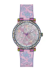 GUESS Women Embellished Dial & Textured Straps Analogue Watch GW0667L1