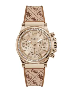 GUESS Women Embellished Dial & Leather Textured Straps Analogue Watch GW0699L2