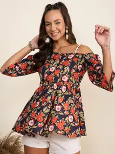 WineRed Floral Print Cold-Shoulder Sleeves Pure Cotton A-Line Top