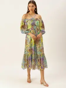 MELOSO Floral Print Off-Shoulder Puff Sleeve Georgette A-Line Dress